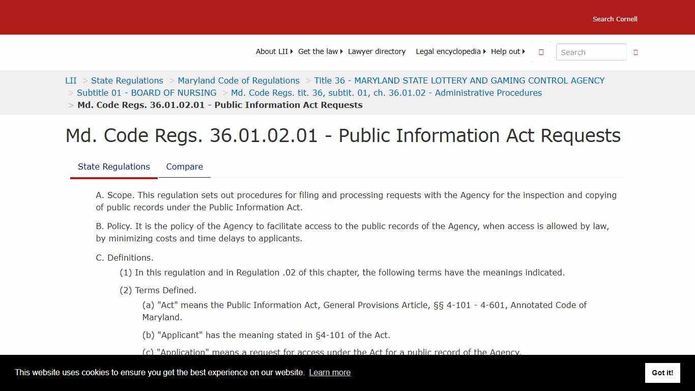 Md. Code Regs. 36.01.02.01 - Public Information Act Requests | State Regulations | US Law | LII / Legal Information Institute
