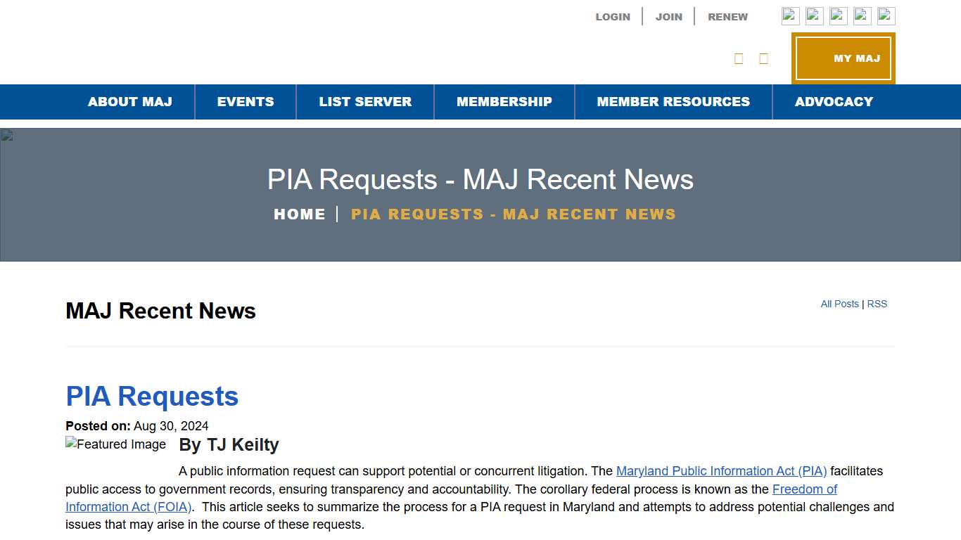 PIA Requests - MAJ Recent News